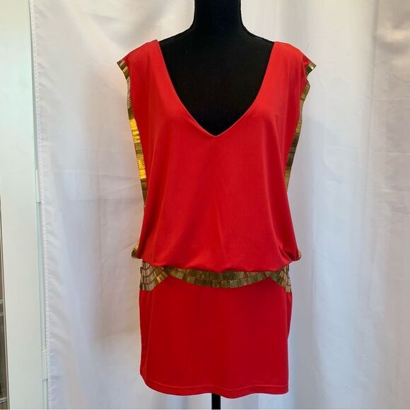 Bebe coral red gold sequin open sleeve V-neck mini dress Sz S - Picture 5 of 16